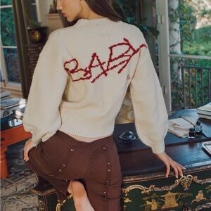 With Jean Cream Crewneck Sweater with Red Script Detail